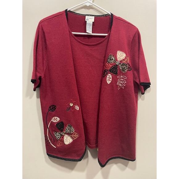 Vintage Koret Sweater Set Burgandy Floral Stitching Womens Size M - Picture 10 of 10